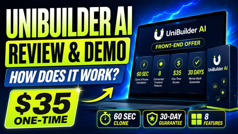 UniBuilder AI Review 2026 - Agentic site builder dashboard showing 60-second site cloner and self-learning content feed