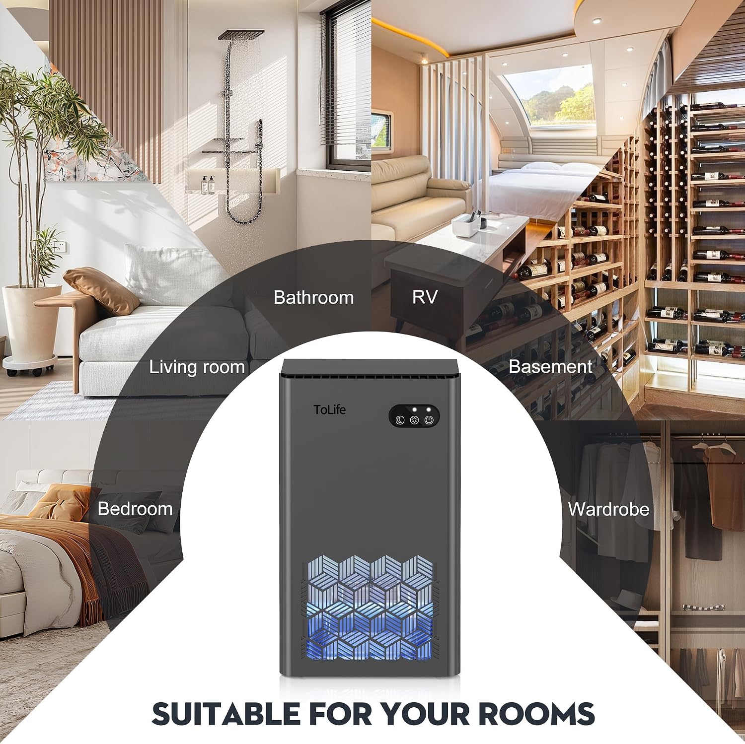 ToLife Dehumidifier in a beautifully styled bedroom, glowing with a soft blue LED ambiance light on a nightstand next to a bed with white linens. The compact grey dehumidifier adds both moisture control and soothing night light to the room. Modern minimalist decor with plants and natural light. 1000 sq ft coverage, 95 oz tank, sleep mode under 30 dB. Now 25% off at $59.98 on Amazon.