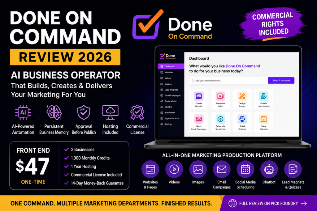 Done On Command Review 2026 - AI business operator dashboard showing persistent memory, page builder, video studio, and campaign delivery