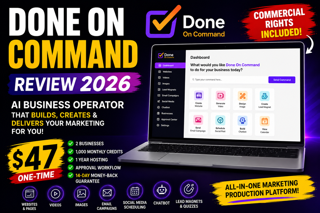 Done On Command Review 2026 - AI business operator dashboard showing persistent memory, page builder, video studio, and campaign delivery