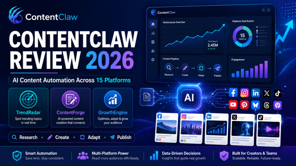 ContentClaw Review 2026 - AI audience builder dashboard showing TrendRadar viral intelligence, ContentForge content creation, and GrowthEngine autopilot publishing