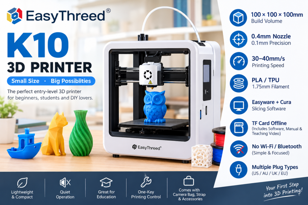 EasyThreed K10 3D printer review — entry-level, PLA/TPU compatible, one-key printing