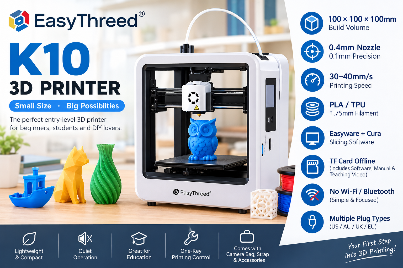 EasyThreed K10 3D printer review — entry-level, PLA/TPU compatible, one-key printing