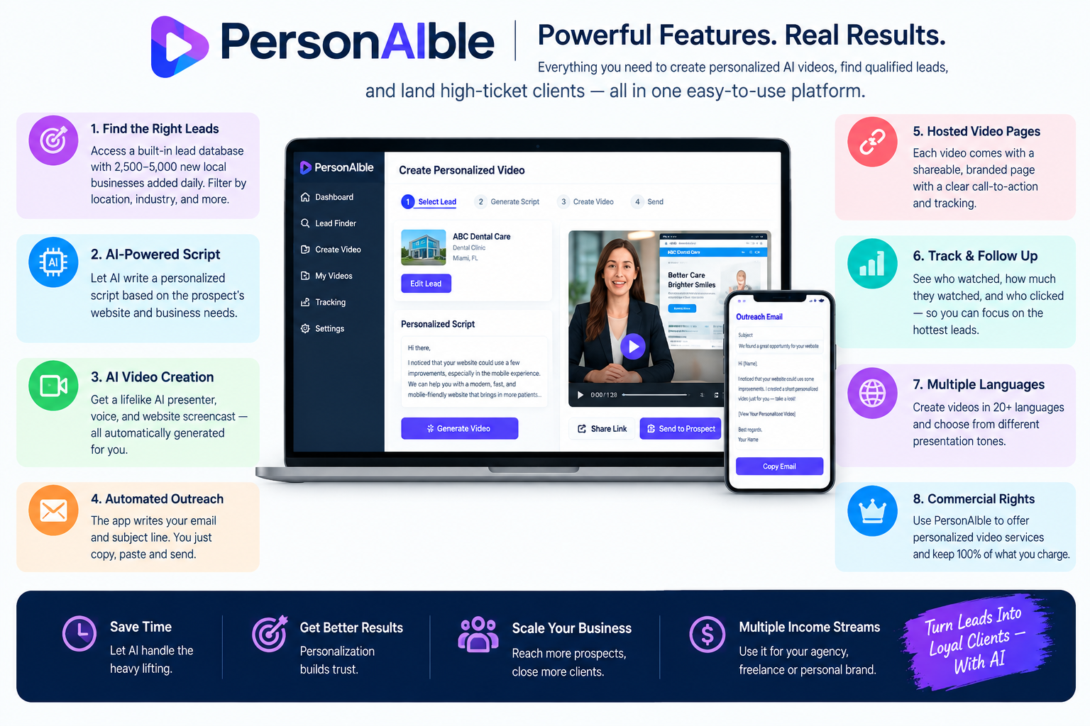 PersonAIble Review 2026 showing AI personalized video prospecting, business leads and client acquisition features