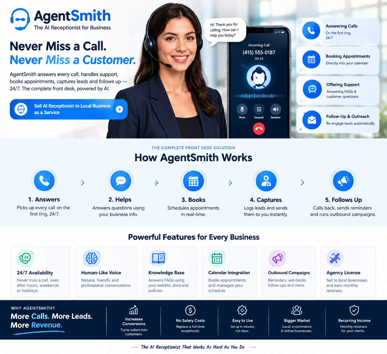 AgentSmith AI Receptionist for Business with 24/7 call answering, appointment booking and lead capture