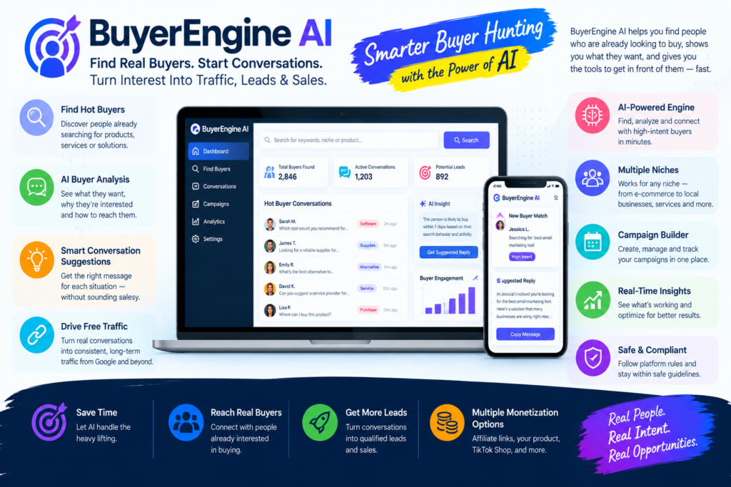 BuyerEngine AI Review 2026 - Reddit buyer-intent dashboard showing offer analysis, conversation scanning, and intent scoring at 94 out of 100