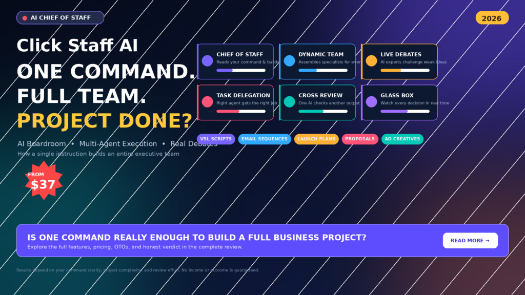 Click Staff AI review showing the AI Chief of Staff, boardroom creation, multi-agent execution and business project dashboard