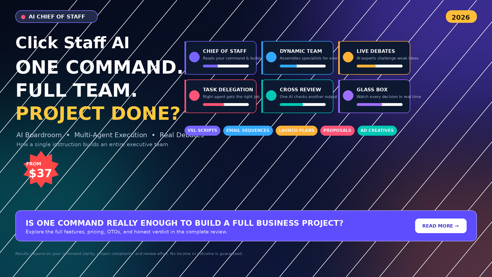 Click Staff AI review showing the AI Chief of Staff, boardroom creation, multi-agent execution and business project dashboard