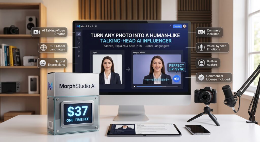 MorphStudio AI Review 2026 - AI talking-head studio dashboard showing photo-to-video transformation with lip-sync, expressions, and 10+ global languages