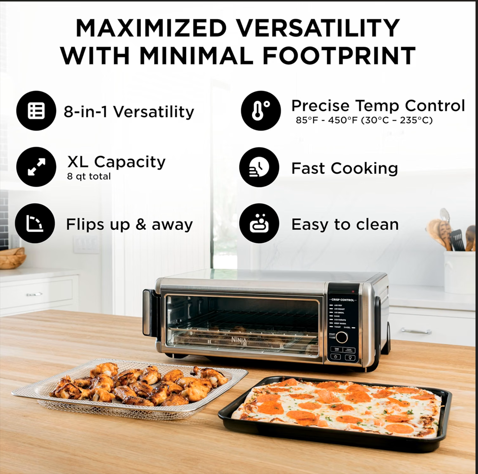 Ninja SP101 Review flipped up to save counter space in small kitchen