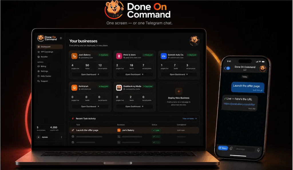 Done On Command Review 2026 - AI business operator dashboard showing persistent memory, page builder, video studio, and campaign delivery