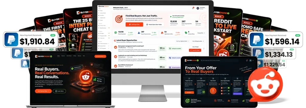 BuyerEngine AI Review 2026 - Reddit buyer-intent dashboard showing offer analysis, conversation scanning, and intent scoring at 94 out of 100

