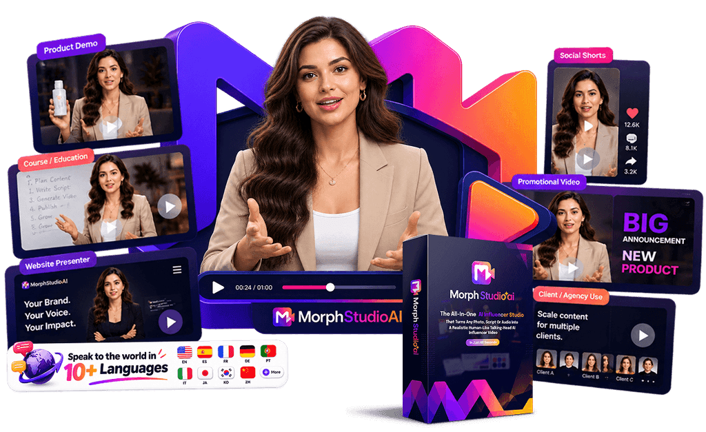 MorphStudio AI Review 2026 - AI talking-head studio dashboard showing photo-to-video transformation with lip-sync, expressions, and 10+ global languages