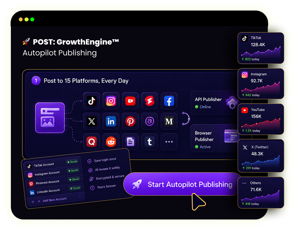 ContentClaw Review 2026 - AI audience builder dashboard showing TrendRadar viral intelligence, ContentForge content creation, and GrowthEngine autopilot publishing