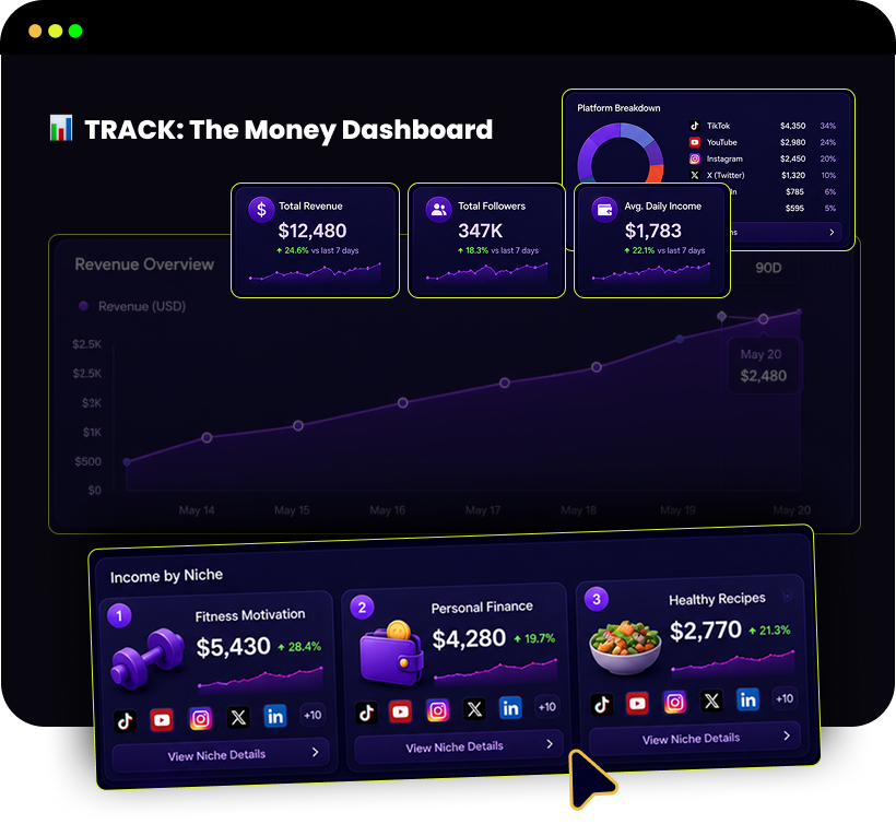ContentClaw Review 2026 - AI audience builder dashboard showing TrendRadar viral intelligence, ContentForge content creation, and GrowthEngine autopilot publishing